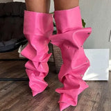 Breakj New High Heel Pointed Metal Rivet Jeans Splicing Two Wear Pile And Knee Boots Large Size Women's