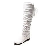 Knee High Boots Red Black White Tall Boots Woman Pleated Low Heel Casual Leather Autunm Winter Female Long Shoe