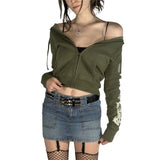 Vintage Green Printed Y2K Crop Hoodies Zip Up Bomber Hooded Jacket Pullovers Autumn 2021 Long Sleeve Women
