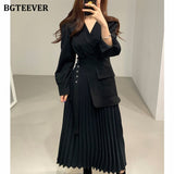 Casual V-neck Slim Waist Belted Female Dress 2021 Spring Elegant Full Sleeve Women Pleated Vestidos Ladies Midi