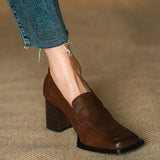 Women Retro Pums Spring Autum Thick Square Heeled Shoe Slip-On Cowhide Female Pumps Square Toe French Style Ladies Shoes 6.5