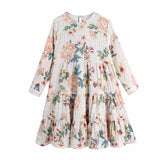 Women Flower Print Ruffle Splicing Mini Dress Female Three Quarter Sleeve Clothes Casual Lady Loose Vestido