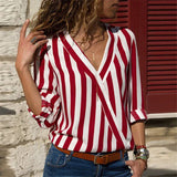 Women Striped Blouse Shirt Long Sleeve V-neck Shirts Casual Tops Blouse et Chemisier Femme Blusas Mujer de Moda