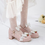 Womens Mary Jane Chunky Heel Closed Toe Platform Pumps with Strawberry Contrast Bows Sweet Lolita Cosplay Wedding Shoes