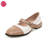 French Mary Jeans Dress Shoes Ladies Leather Belt Mixed Color Low Heels Patchwork Lolita Pumps Women Square Toe Loafers