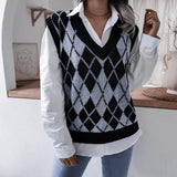2021 New Fashion Women V Neck Print Knitted Vest Sweater Casual Sleeveless Loose Pullover Elegant Warm Lady Sweater