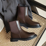 Genuine Leather Chelsea Boots Woman Med Heel Ankle Boots Platform Block Heel Short Boots Female Shoes Autumn Winter
