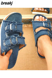 Summer Women Fashion Canvas Cork Slippers Casual Double Buckle Tassel Clogs Slides Non-slip Outside