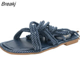 Wear Women Sandals Flat Slippers Hemp Rope Upper Design Women Casual Large Size 42 Square Toe Hollow Flat Heel Woman