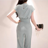 2 Pieces Set Women V-neck Lace Up Tops & High Waist Wide Leg Pants OL Style Solid Female Set