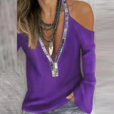 Fashion Off Shoulder V-neck Pullover Tops Summer Women Sexy V Neck Sequins Shirt Ladies Casual Long Sleeve Loose Blouse