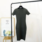 New Women Stretch Knitted Midi Dress Summer Spring Lady Casual O-neck Slim Knitting Bodycon Dresses Vintage