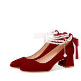Breakj Jane Shoes 2025 New French Pearl Chain Bow High Heels Round Head Thick And Shallow Single