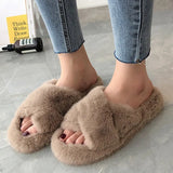 Winter Women House Furry Slippers Fashion Faux Fur Warm Comfortable Women Flats Female Home Slides Black Plush
