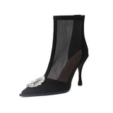 Sexy Mesh Ankle Boots Spring Autumn Women's Pointed Toe Stiletto Heels Fashion Rhinestone Zip Ladies Party Shoes Size
