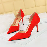 Breakj Korean Version Of Fashion Simple Heel High-Heeled Shoes Show Thin Suede Shallow Tip Side Hollow Single Shoe High