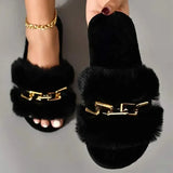 Fur Slippers 2024 New Fashion Chain Design Women Home Slippers Winter Indoor Open Toe Flat Non-slip Leisure Female