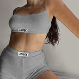 Puss Sexy Embroidery Women Camisole Sporty+Biker Shorts Set Cotton Letter Print Elastic Tracksuit Fitness Holiday