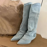 Pointed Denim Boots for Women 2023 Autumn New Slip on Thick Heeled Western Cowboy Boots Woman Blue Jeans Mid-Calf