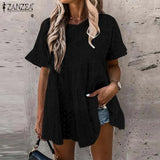 Bohemian Lace Patchwork Tops Women's Summer Blouses ZANZEA 2022 Casual Short Sleeve Blusa Female Hollow Peplum