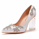 Breakj Cm Crystal Transparent Square Tip Single Shoe Bridal Shoes Silk Satin Cloth Diamond Skirt Shoes Wedding