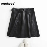 Chic Women Black PU Faux Leather Skirt With Belt High Waist Ladies Mini Skirt Female A Line Fashion Skirts