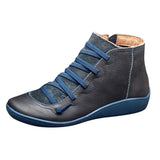 New Women's Casual Flat Leather Retro Lace-up Boots Side Zipper Round Toe Shoe Leather Ankle Boots Zapatos Mujer Wram