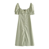 Summer Solid Color Elegant A Line Dress Women Puff Short Sleeve Midi Female Square Collar Sundress Vestidos