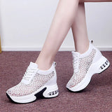 White Shoes Breathable Mesh Chunky Platform Sneakers Summer Ladies Lace Floral Hollow Out Wedge Heels Casual Footwear