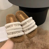 Breakj Autumn / Winter New Fashion Letter One Word Outside Wear Plush Slippers Wool Slippers Women's