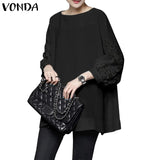 Women Elagant Solid Shirts Tunic Casual Round Neck Blouse VONDA 2022 Vintag 2/3 Sleeve Patchwork Tops Blusas