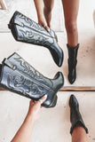 Women Western Boots Fashion Metallic Girls Med Calf Knee Boots Silver Bling Emboridery Punk Cowboy Cowgirls Shoes Vintage