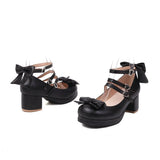 Women's Cute Lolita Cosplay Shoes Bow Mid Chunky Heel Platform Mary Jane Pumps Buckle Strap Princess Uniform Wear Pink