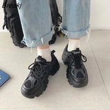 Women Sneakers Fashion Chunky Casual Thick Sole Breathable Mesh Lace Up Platform Vulcanize Female Beige Non Slip Walking