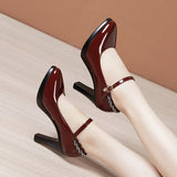 Leather Catwalk High Heel Women's Pointed High Heel Thick-Soled Waterproof Platform Professional Black Work Shoes Large-Size Single