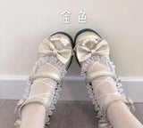 Shoes Women High Heels Pearl Lace Edge Straps Bow Cute Girls Princess Tea Party Shoes Students Lovely Shoes Size