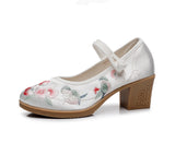 Breakj Heel Square With Women's Shoes A Word Buckle Shallow Spring And Summer New Embroidered Cloth Shoes With Horse Face Skirt High Heel Embroidered
