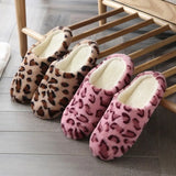 Women Home Slippers With Faux Fur Flats Heels Shoes Winter Warm Slippers Women Leopard Print Female Flip Flop