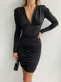 Shrug Mini Dress Women V Neck Ruched Casual Sexy Long Sleeve Clubwear Bodycon Office Ladies Elegant Chic Dresses