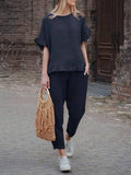 2022 Casual Suit Women New Retro Solid Short-sleeved T-shirt Trousers Two-piece Summer Loose Tops Pencil Pants Commuter