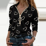 Slim Fashion Women Autumn Geometric Print V Neck T-shirts Casual Long Sleeves Zipper Pullover Elegant Streetwear Female