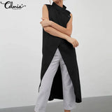 Celmia Asymmetrical Long Shirts Women 2022 Summer Sleeveless Sexy Buttons Tops Casual Loose Split Hem Chic Thin