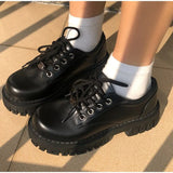 Janes Shoes For Women Fashion British Platform Ladies Pumps Lace Up PU Leather Shallow Leather Black Shoes Zapatillas