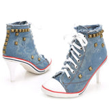 Women Canvas Shoes Denim High Heels Rivets Shoes Fashion Shoe Spring Sneakers Women's Pumps Black Blue Autumn New