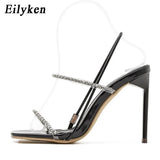 2022 New Crystal Rhinestone Sandals Women Summer Square Toe Stiletto High Heels Sexy Fetish Stripper Shoes