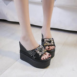 Rhinestone Wedges Heel Women Slippers Platform Shoes Peep Toe Height Increasing Slides Ladies Sandals Zapatos De