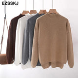 Style Loose Sweater Women Pullover Casual Half Turtleneck Long Sleeve Oversized Knit Sweater Female Jumpers Split
