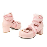 Cross Strap Women Chuncky High Heels Mary Jane Shoes Party Wedding Cosplay White Pink Ruffles Bow Princess Lolita Pumps