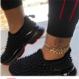Vulcanized Sneakers Slip On Thick Sole Wedge Platform Red Black Rhinestone Rivet Autumn Winter Female Shoes Size