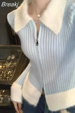 Winter Faux Fur Y2k Crop Tops Korean Fashion Knitted Sweater Zipper Design Long Sleeve Casual Pullover Female Slim